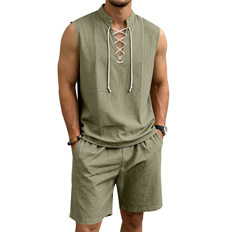 👕 50% RABATT! 🌿 Herr linne ärmlös snörnings-top & shorts set – Svalt linne, justerbar passform & perfekt för strand, festival eller heta sommardagar ☀️