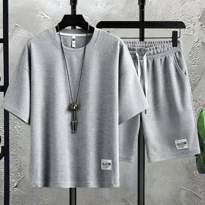 Set med T-shirt och shorts i våffelstickat för herr