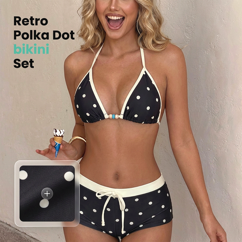 Bikiniset med halterneck och prickmönster samt boxershorts