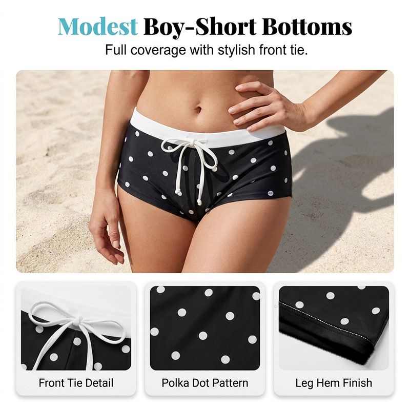 Bikiniset med halterneck och prickmönster samt boxershorts