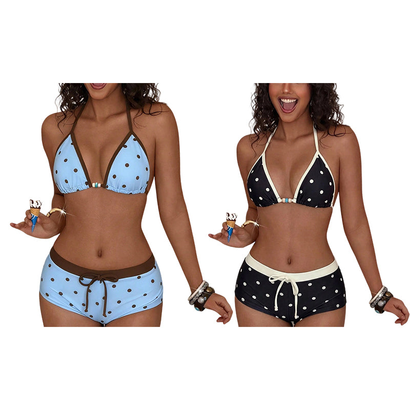 Bikiniset med halterneck och prickmönster samt boxershorts