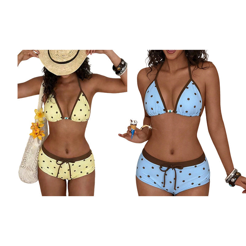 Bikiniset med halterneck och prickmönster samt boxershorts