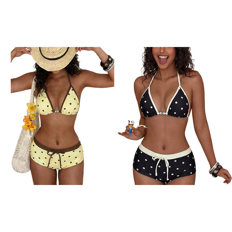 Bikiniset med halterneck och prickmönster samt boxershorts