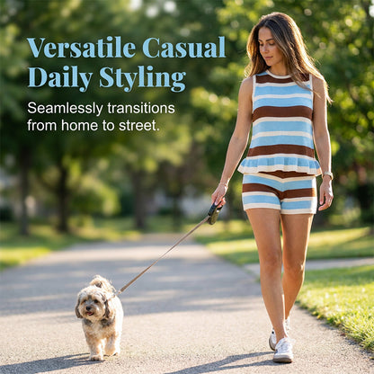 Randig stickad outfit för dam med ärmlös peplum-top och shorts