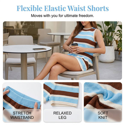 Randig stickad outfit för dam med ärmlös peplum-top och shorts