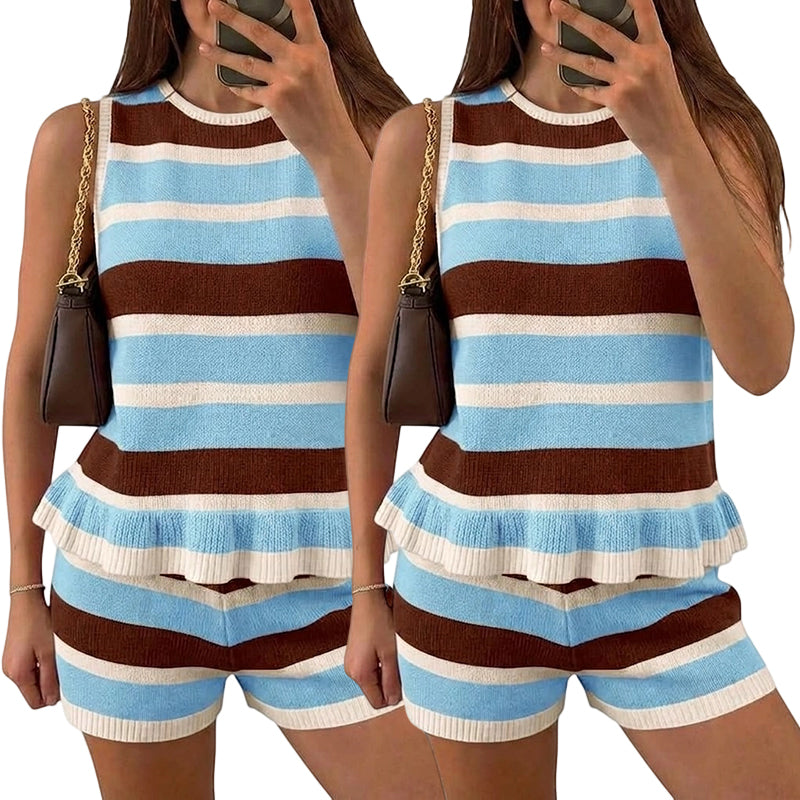 Randig stickad outfit för dam med ärmlös peplum-top och shorts