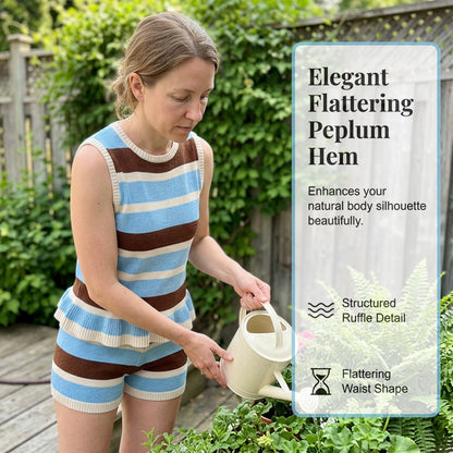 Randig stickad outfit för dam med ärmlös peplum-top och shorts