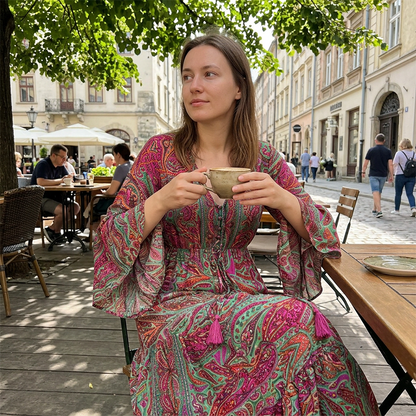 👗 50% RABATT NU! 🌺 Bohemisk Blommig Maxiklänning – V-ringning, Flödande Fåll & Premiumtyg – Romantisk, Andningsbar & Perfekt för Resor 🏖️