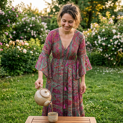 👗 50% RABATT NU! 🌺 Bohemisk Blommig Maxiklänning – V-ringning, Flödande Fåll & Premiumtyg – Romantisk, Andningsbar & Perfekt för Resor 🏖️
