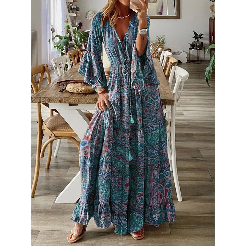 👗 50% RABATT NU! 🌺 Bohemisk Blommig Maxiklänning – V-ringning, Flödande Fåll & Premiumtyg – Romantisk, Andningsbar & Perfekt för Resor 🏖️