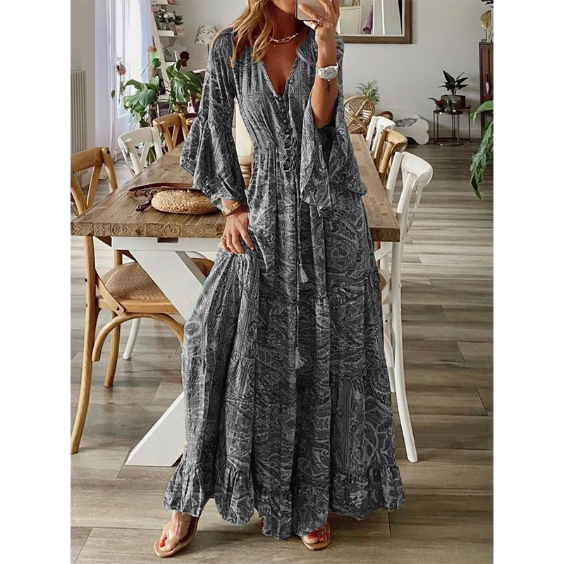 👗 50% RABATT NU! 🌺 Bohemisk Blommig Maxiklänning – V-ringning, Flödande Fåll & Premiumtyg – Romantisk, Andningsbar & Perfekt för Resor 🏖️