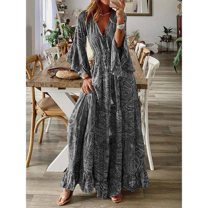 👗 50% RABATT NU! 🌺 Bohemisk Blommig Maxiklänning – V-ringning, Flödande Fåll & Premiumtyg – Romantisk, Andningsbar & Perfekt för Resor 🏖️