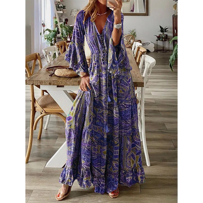 👗 50% RABATT NU! 🌺 Bohemisk Blommig Maxiklänning – V-ringning, Flödande Fåll & Premiumtyg – Romantisk, Andningsbar & Perfekt för Resor 🏖️