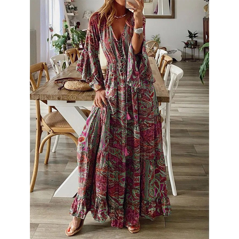👗 50% RABATT NU! 🌺 Bohemisk Blommig Maxiklänning – V-ringning, Flödande Fåll & Premiumtyg – Romantisk, Andningsbar & Perfekt för Resor 🏖️