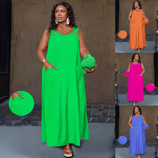 👗 50% RABATT NU! Ärmlös maxiklänning med fickor – U‑halsad, andningsbar & mångsidig – perfekt för varma dagar, stranden och vardagen ☀️✨