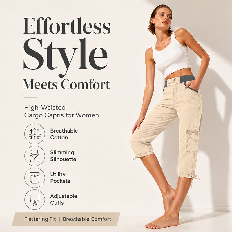 🔥🎁Nyhet 50 % RABATT🔥👖 Högmidjade cargobyxor med caprilängd – praktiska fickor och ledig passform för vardagen