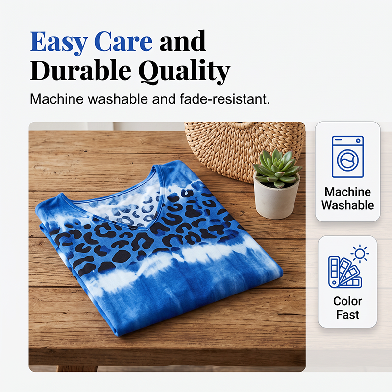 Casual klänning för damer med tie-dye-effekt och leopardmönster samt V-ringning
