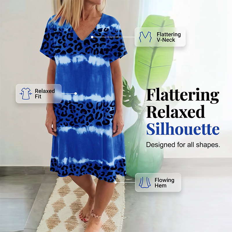 Casual klänning för damer med tie-dye-effekt och leopardmönster samt V-ringning