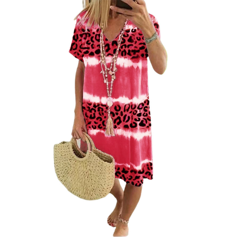 Casual klänning för damer med tie-dye-effekt och leopardmönster samt V-ringning