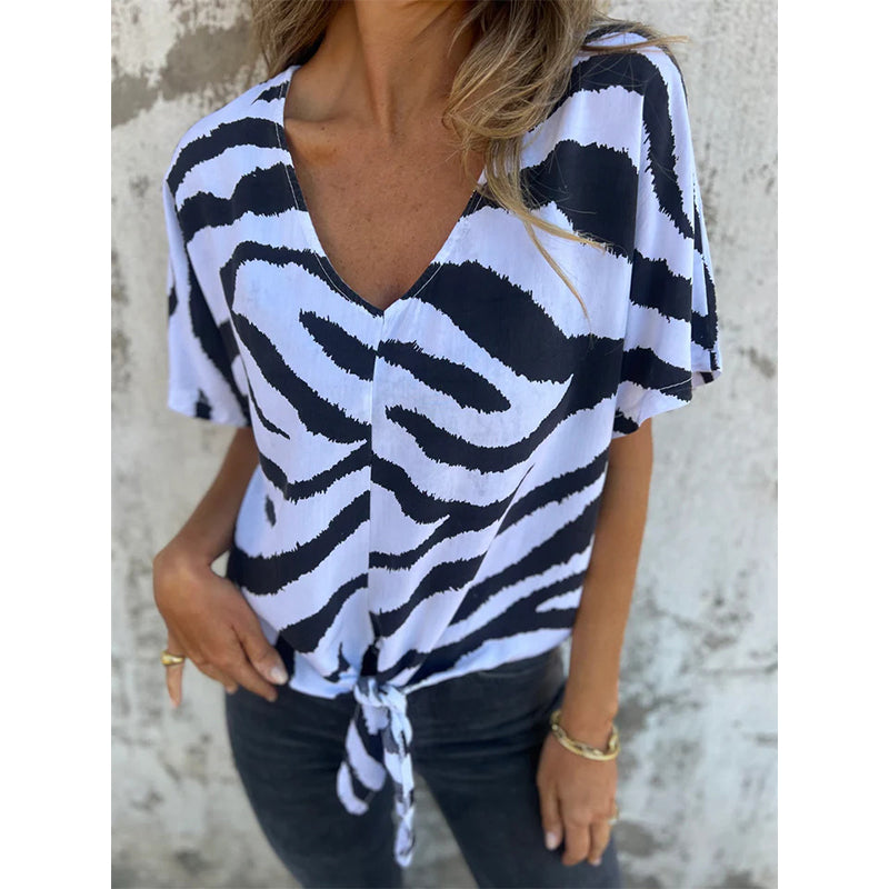 Topprankad ⭐🔥T-shirt för damer med V-ringning och knytning framtill i zebramönster