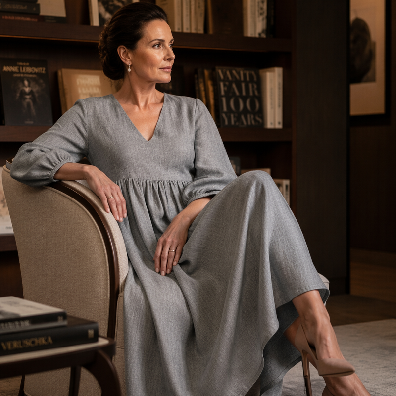 Trend just nu⭐ 👗 Elegant veckad långklänning med V-hals – perfekt för fest och vardag