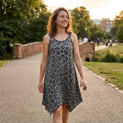 🔥🎁Nyhet 50 % RABATT🔥Cami-klänning med leopardmönster – asymmetrisk fåll och figursydd passform