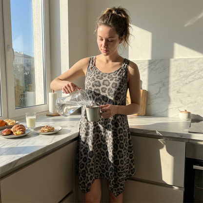 🔥🎁Nyhet 50 % RABATT🔥Cami-klänning med leopardmönster – asymmetrisk fåll och figursydd passform