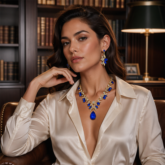 📿 50 % RABATT NU! ✨ Set med halsband och örhängen med glittrande droppformade hängsmycken – strassdetaljer, matchande design & lätt att bära – perfekt för bröllop och fest 💎