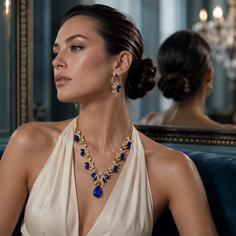 📿 50 % RABATT NU! ✨ Set med halsband och örhängen med glittrande droppformade hängsmycken – strassdetaljer, matchande design & lätt att bära – perfekt för bröllop och fest 💎