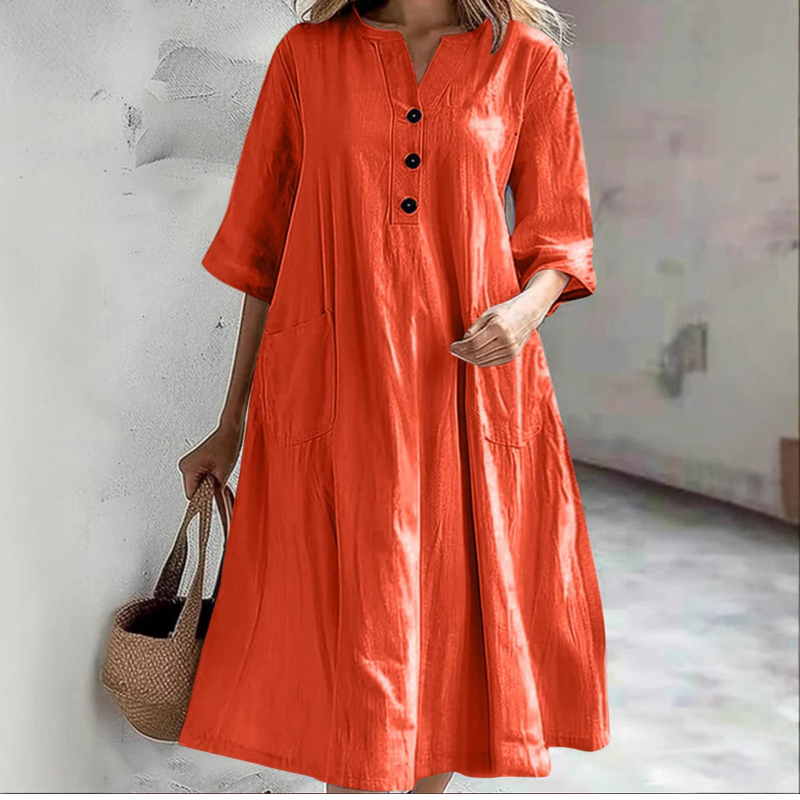 👗 50% RABATT NU! Oversized A‑Line Midi Dress with Pockets – smickrande V‑ringning, mjukt tyg & praktiska fickor – perfekt för vardag, semester och avslappnade tillfällen 🌸✨