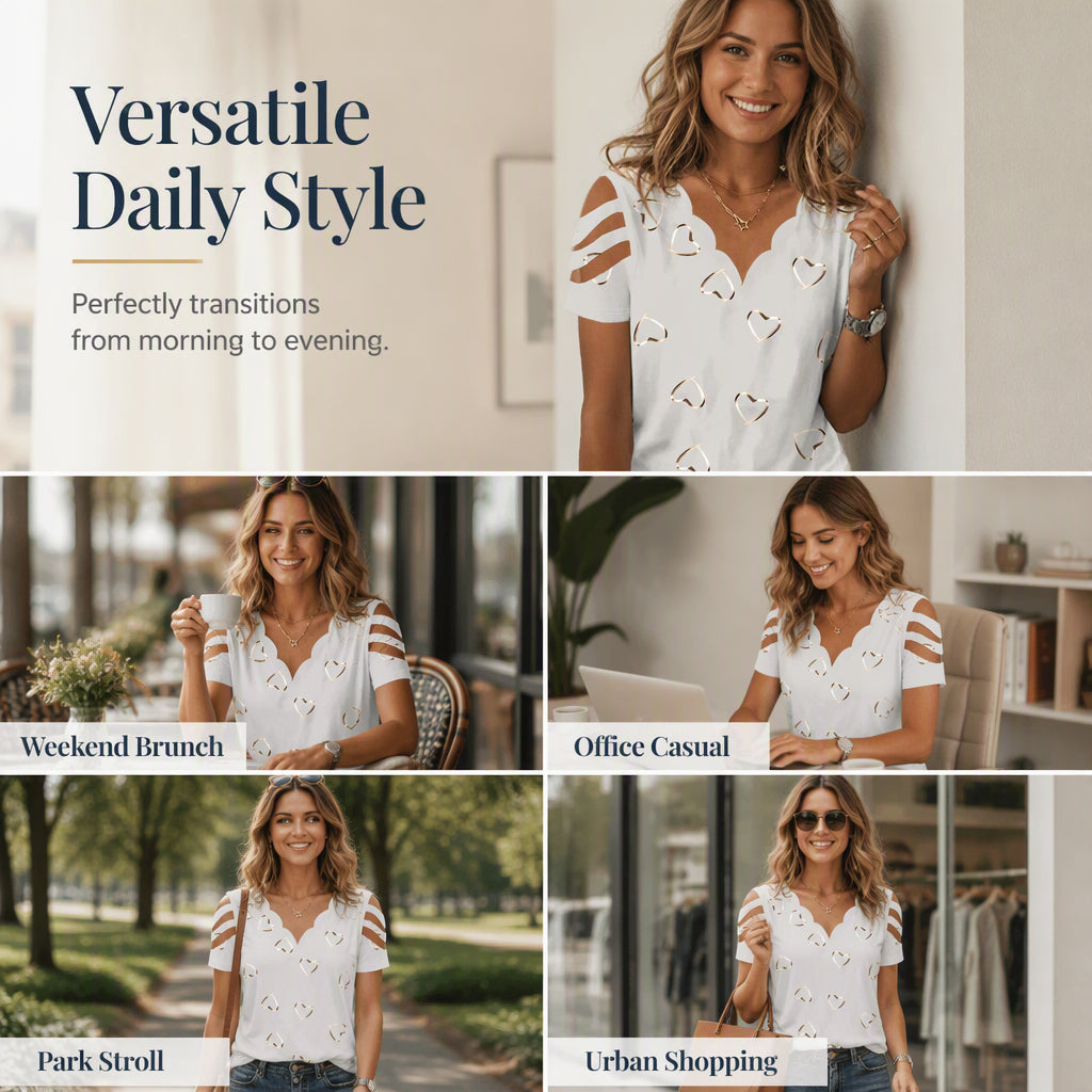 Nyhet✨ 👚 Klassisk scalloped V-hals med hjärtprint