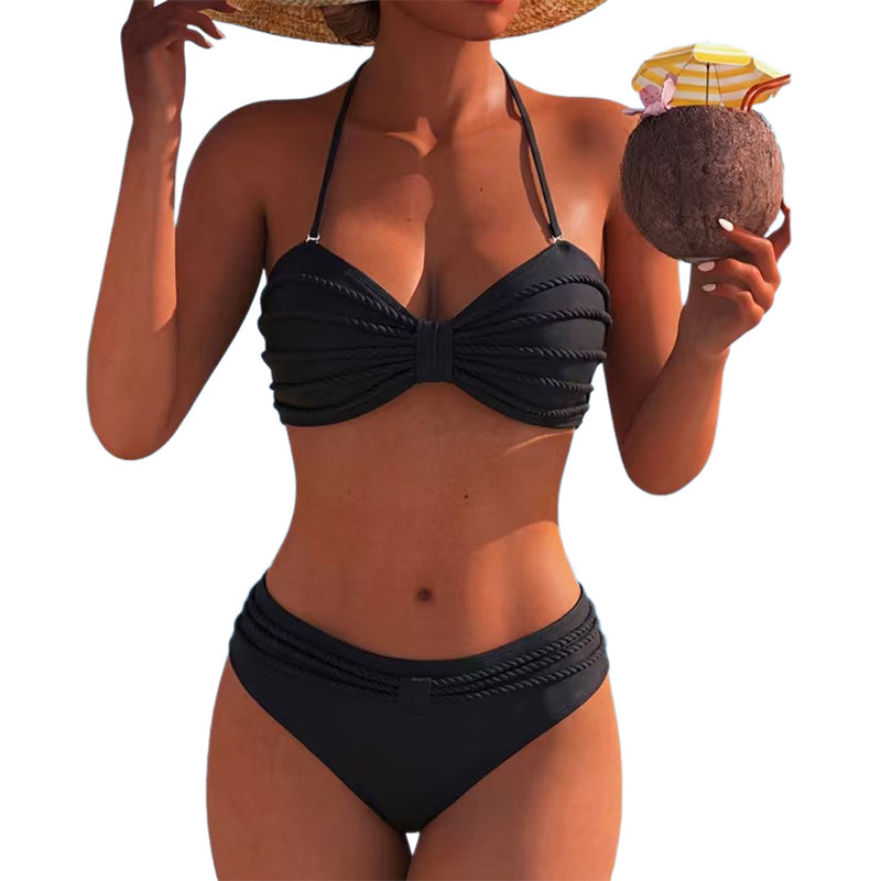 👙✨ Tvådelad bikinisats med band-top, flätade detaljer och hög midja – sexig, figurskärande, för eleganta damer, 3 färger, storlekar S–XL 🌊🌟