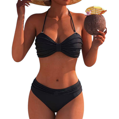 👙✨ Tvådelad bikinisats med band-top, flätade detaljer och hög midja – sexig, figurskärande, för eleganta damer, 3 färger, storlekar S–XL 🌊🌟