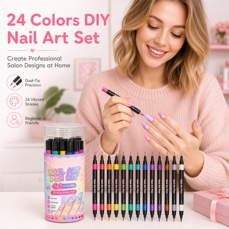 💅 50 % RABATT UNDER BEGRÄNSAD TID! 💥 Set med 24 färger nagelkonstpennor med dubbla spetsar – Kreativa, i salongskvalitet, enkla att använda själv ✨