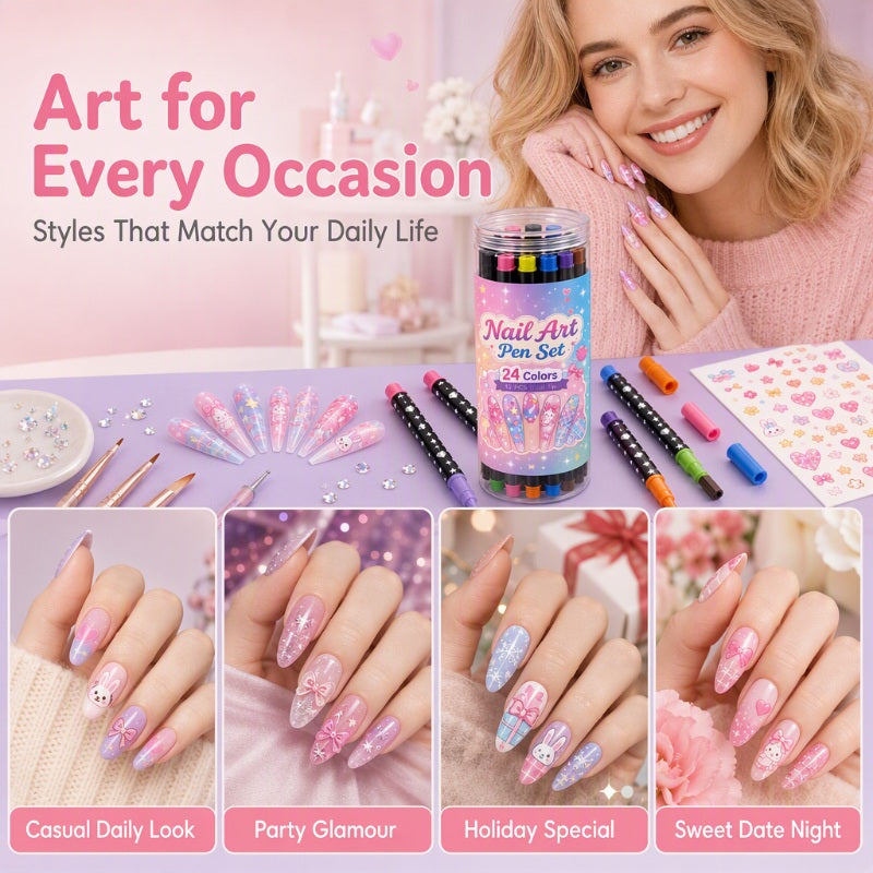 💅 50 % RABATT UNDER BEGRÄNSAD TID! 💥 Set med 24 färger nagelkonstpennor med dubbla spetsar – Kreativa, i salongskvalitet, enkla att använda själv ✨