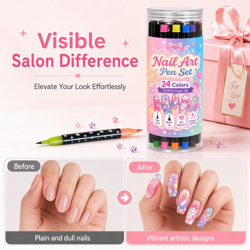 💅 50 % RABATT UNDER BEGRÄNSAD TID! 💥 Set med 24 färger nagelkonstpennor med dubbla spetsar – Kreativa, i salongskvalitet, enkla att använda själv ✨